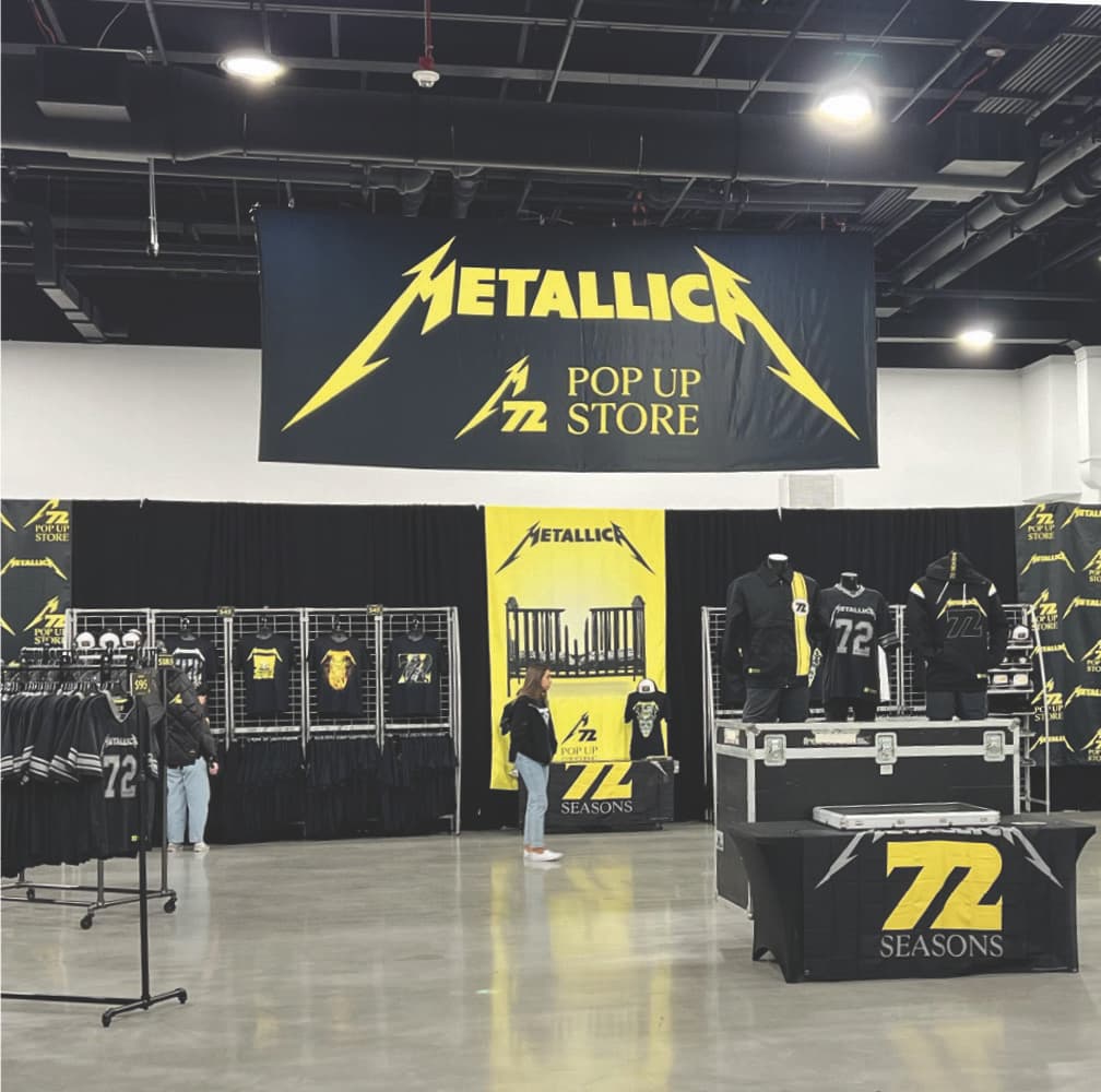 Metallica Pop-up store with branded banner, backdrop and tablecloth
